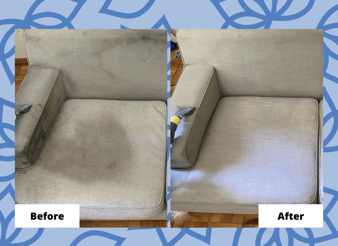 Before and after: a stained grey armchair, then the same chair clean
