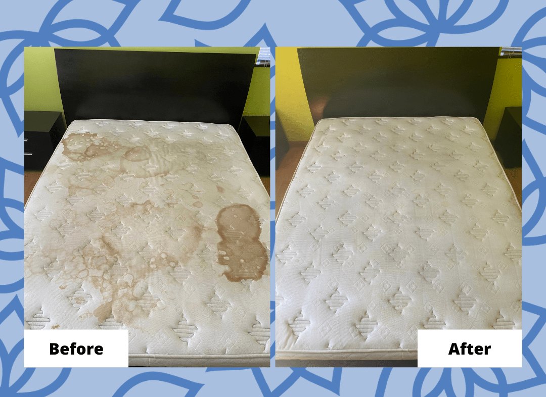 Before and after: a heavily stained mattress, then the same mattress clean