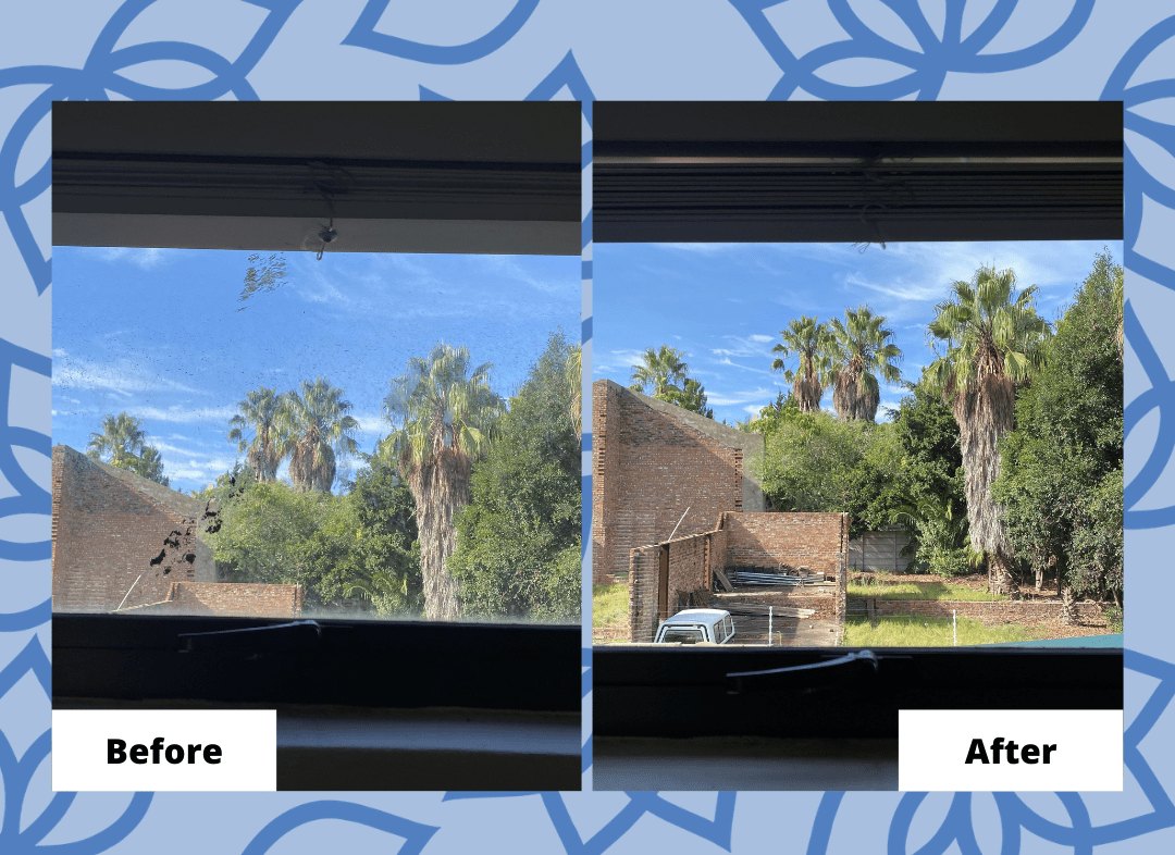 Before and after: a dirty window pane, then the same window clear